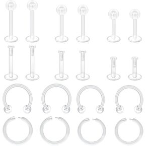 VCMART Clear Earrings for Sports Work Surgery Mix Set Plastic Clear Piercing Retainer Clear Cartilage Helix Tragus Conch Daith Ear Lobe Eyebrow Septum Nose Lip Labret Monroe Piercing Retainer 16g 20g