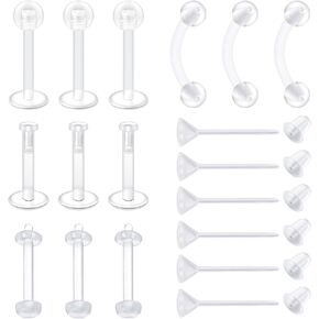 VCMART Clear Earrings for Sports Work Surgery Mix Set Plastic Clear Piercing Retainer Clear Cartilage Helix Tragus Conch Daith Ear Lobe Eyebrow Septum Nose Lip Labret Monroe Piercing Retainer 16g 20g