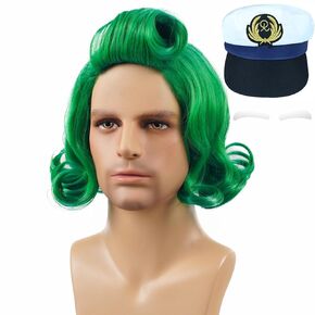 Besuante Short Green Wig Wavy Curly Costume Wigs with White Eyebrows and Hat for Halloween