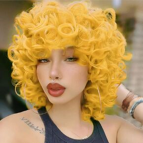 Golden Yellow Curly Wig Full and Soft for Black Women for Chica cosplay Patti Mayo Halloween costume Excellent Wig for Performance Gold Hoop Earring+2Wig Cap+Comb+2Beauty Blenders (Yellow)