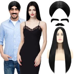 Tigeen Halloween Black Men's Wig 27'' Long Black Wigs for Women Self Adhesive Fake Eyebrows Mustache Set Halloween Cosplay Costume Black Hair Wig Realistic Facial Hair for Adults