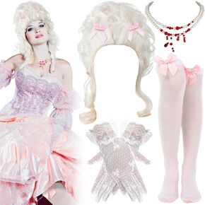 7 Pcs Blonde Victorian Wig 18th Century Costume Dripping Blood Imitation Pearls Lace Gloves Socks for Adult Women Halloween Cosplay Outfits