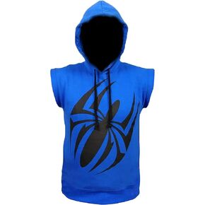 Mens Scarlet Spider Sleeveless Hoodie, Royal Blue Gym Pullover, Spiderman Logo, Sports Casual Workout Wear Hoodie