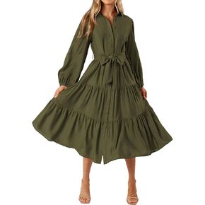 MASCOMODA Womens Dresses 2024 Fall Long Sleeve Midi Dress Casual V Neck Button Down Tiered Flowy Aline Tie Waist Shirt Dress