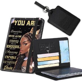 Passport Cover for Women & Men with RFID Blocking,Waterproof Passport Wallet and Luggage Tag Set，PU Leather Travel Documents Organizer, Passport Holder，African American Women Inspirational Quotes