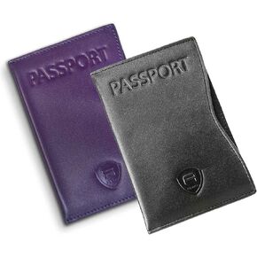 Alban Passport Cover Holder RFID Leather Travel Organizer Sleeve for Men and Women Purple & Black Duo