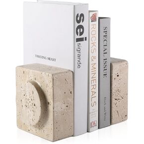 Koville Marble Square Book Ends, Heavy Duty Book Holders, Bookends for Shelves, Office Bookshelf Decor for CDs/Video Games(Travertino Romano)