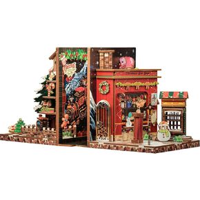 CUTEBEE DIY Christmas Bookend for Shelves 3D Wooden Puzzle Decorative Book Nook Kit Book Ends Miniature House Bookshelf Room Home Decor Santa for Family, Friends (Christmas Cottage)