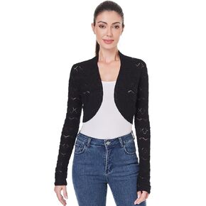 AmélieBoutik Women Long Sleeve Lightweight Cable Knit Hollow Out Cropped Cardigan Open Front Bolero Shrug