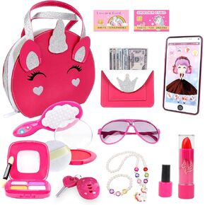 Toddler Purse Pretend Play Toys Includes Fake Makeup Kit, Unicorn Handbag, Phone, Wallet and Jewelry for Little Girls Age 3 4 5 6 7 8 Kids Your Princess Niece Granddaughter Birthday Xmas Gifts