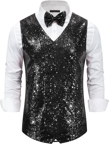 Lars Amadeus Sequin Vest for Men's Double-Breasted Party Disco Nightclub Sleeveless Sparkly Suit Waistcoat in Saudi Arabia