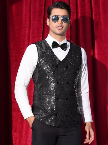 Lars Amadeus Sequin Vest for Men's Double-Breasted Party Disco Nightclub Sleeveless Sparkly Suit Waistcoat in Saudi Arabia