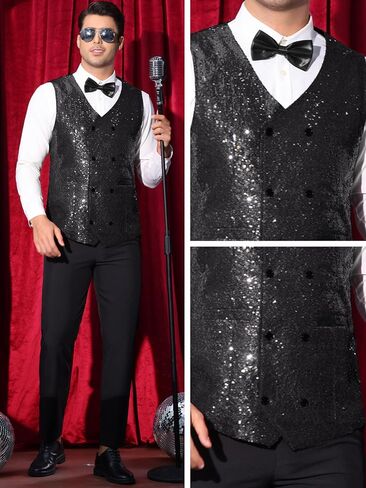 Lars Amadeus Sequin Vest for Men's Double-Breasted Party Disco Nightclub Sleeveless Sparkly Suit Waistcoat in Saudi Arabia