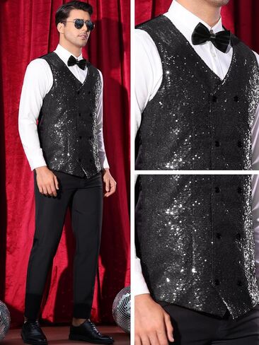 Lars Amadeus Sequin Vest for Men's Double-Breasted Party Disco Nightclub Sleeveless Sparkly Suit Waistcoat in Saudi Arabia