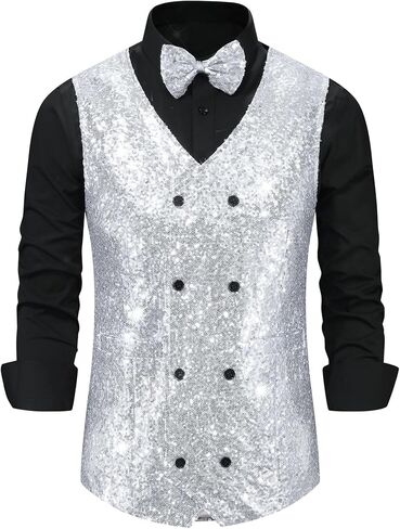 Lars Amadeus Sequin Vest for Men's Double-Breasted Party Disco Nightclub Sleeveless Sparkly Suit Waistcoat in Saudi Arabia
