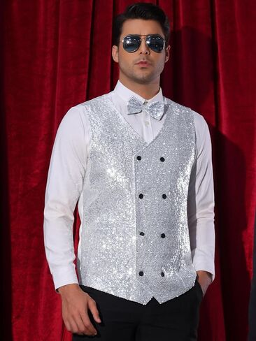 Lars Amadeus Sequin Vest for Men's Double-Breasted Party Disco Nightclub Sleeveless Sparkly Suit Waistcoat in Saudi Arabia