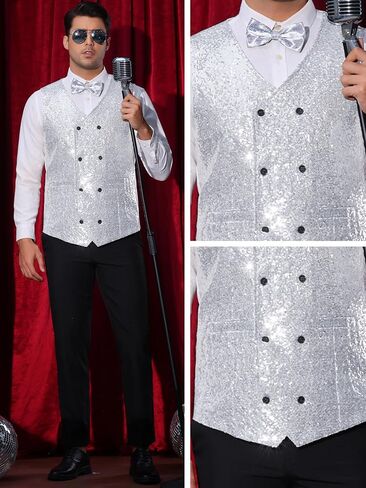 Lars Amadeus Sequin Vest for Men's Double-Breasted Party Disco Nightclub Sleeveless Sparkly Suit Waistcoat in Saudi Arabia