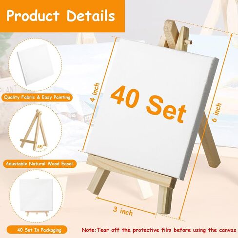 40 Pack Mini Canvas and Easel Set, 4 x 4 inch Mini Canvases for Painting with Mini Easels, Art Paint Party Supplies Canvas Painting Kit Small Canvases and Wooden Easels Stand for Kids Painting in Saudi Arabia
