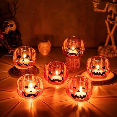 حامل شموع نذري للهالوين من Hewory: مجموعة من 6 زخارف على شكل يقطين الهالوين زجاج حامل شموع مع كشر، ديكور يقطين زجاجي مضحك لديكورات الهالوين ونافذة طاولة حفلة عيد الميلاد in Kuwait