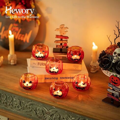 حامل شموع نذري للهالوين من Hewory: مجموعة من 6 زخارف على شكل يقطين الهالوين زجاج حامل شموع مع كشر، ديكور يقطين زجاجي مضحك لديكورات الهالوين ونافذة طاولة حفلة عيد الميلاد in Kuwait