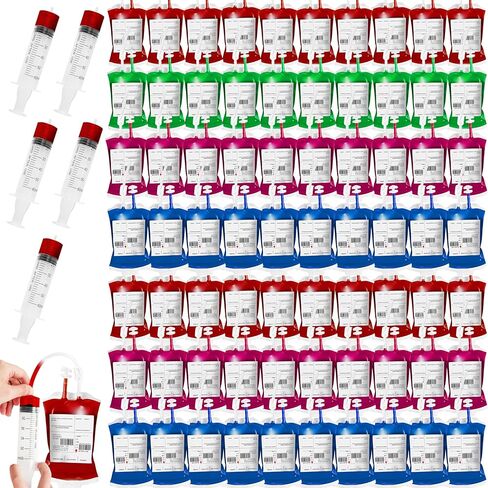 50 Packs Halloween Blood IV Bags for Drinks, Halloween Drinks Pouches Reusable Juice Container for Zombie Theme Carnival Vampire Party Decorations Supplies, 12.6 fl.oz (50pcs Bag, 50 Label,3 Syringes) in Kuwait