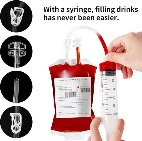 50 Packs Halloween Blood IV Bags for Drinks, Halloween Drinks Pouches Reusable Juice Container for Zombie Theme Carnival Vampire Party Decorations Supplies, 12.6 fl.oz (50pcs Bag, 50 Label,3 Syringes) in Kuwait
