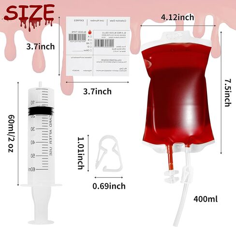 50 Packs Halloween Blood IV Bags for Drinks, Halloween Drinks Pouches Reusable Juice Container for Zombie Theme Carnival Vampire Party Decorations Supplies, 12.6 fl.oz (50pcs Bag, 50 Label,3 Syringes) in Kuwait