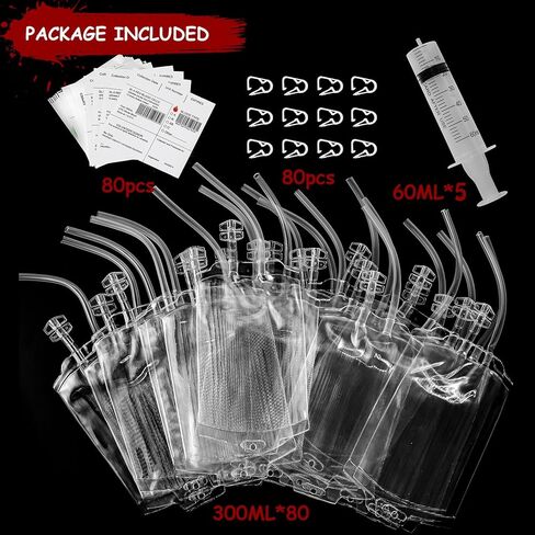 50 Packs Halloween Blood IV Bags for Drinks, Halloween Drinks Pouches Reusable Juice Container for Zombie Theme Carnival Vampire Party Decorations Supplies, 12.6 fl.oz (50pcs Bag, 50 Label,3 Syringes) in Kuwait