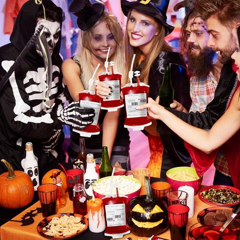 50 Packs Halloween Blood IV Bags for Drinks, Halloween Drinks Pouches Reusable Juice Container for Zombie Theme Carnival Vampire Party Decorations Supplies, 12.6 fl.oz (50pcs Bag, 50 Label,3 Syringes) in Kuwait