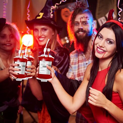 50 Packs Halloween Blood IV Bags for Drinks, Halloween Drinks Pouches Reusable Juice Container for Zombie Theme Carnival Vampire Party Decorations Supplies, 12.6 fl.oz (50pcs Bag, 50 Label,3 Syringes) in Kuwait