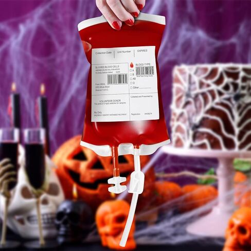 50 Packs Halloween Blood IV Bags for Drinks, Halloween Drinks Pouches Reusable Juice Container for Zombie Theme Carnival Vampire Party Decorations Supplies, 12.6 fl.oz (50pcs Bag, 50 Label,3 Syringes) in Kuwait
