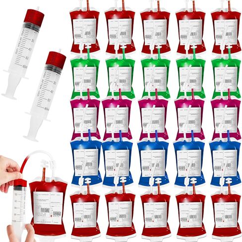 50 Packs Halloween Blood IV Bags for Drinks, Halloween Drinks Pouches Reusable Juice Container for Zombie Theme Carnival Vampire Party Decorations Supplies, 12.6 fl.oz (50pcs Bag, 50 Label,3 Syringes) in Kuwait