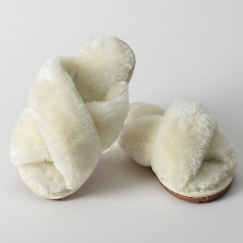 Girls Fluffy Soft Plush Cross Band Slippers Kids Open Toe Memory Foam House Shoes in Saudi Arabia