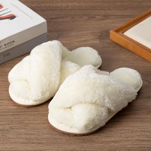 Girls Fluffy Soft Plush Cross Band Slippers Kids Open Toe Memory Foam House Shoes in Saudi Arabia
