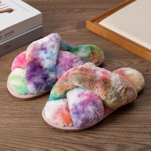 Girls Fluffy Soft Plush Cross Band Slippers Kids Open Toe Memory Foam House Shoes in Saudi Arabia