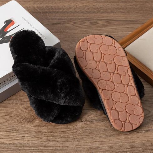 Girls Fluffy Soft Plush Cross Band Slippers Kids Open Toe Memory Foam House Shoes in Kuwait