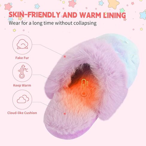 Girls Fluffy Slippers Soft Plush Slip-on House Slippers with Memory Foam Cute Faux Fur Fuzzy House Shoes for Indoor in Kuwait