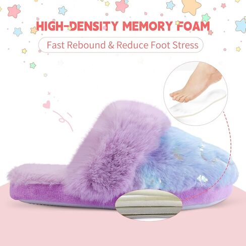 Girls Fluffy Slippers Soft Plush Slip-on House Slippers with Memory Foam Cute Faux Fur Fuzzy House Shoes for Indoor in Kuwait