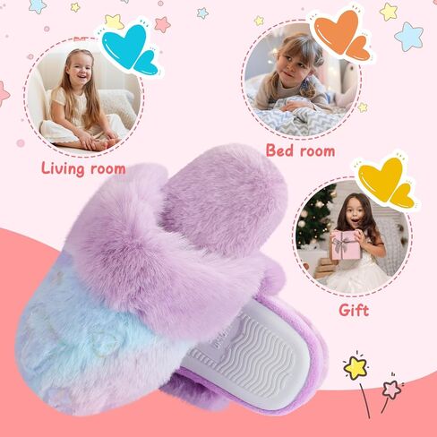 Girls Fluffy Slippers Soft Plush Slip-on House Slippers with Memory Foam Cute Faux Fur Fuzzy House Shoes for Indoor in Kuwait