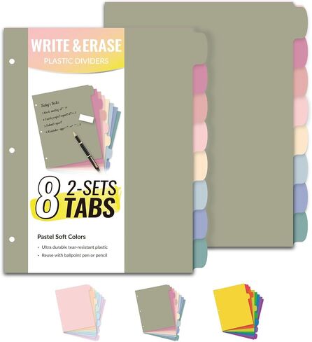Sooez 8-Tab Durable Plastic Write & Erase Big Tab Dividers for 3 Ring Binder, Aesthetic Cute Pastel Binder Dividers for Student, Teacher, Office, Home Organizers, 1 Set, Pastel in Saudi Arabia