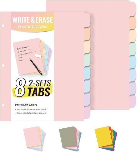 Sooez 8-Tab Durable Plastic Write & Erase Big Tab Dividers for 3 Ring Binder, Aesthetic Cute Pastel Binder Dividers for Student, Teacher, Office, Home Organizers, 1 Set, Pastel in Saudi Arabia