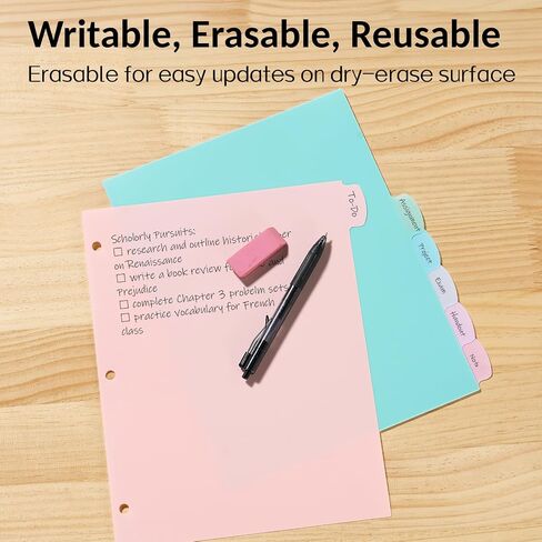 Sooez 8-Tab Durable Plastic Write & Erase Big Tab Dividers for 3 Ring Binder, Aesthetic Cute Pastel Binder Dividers for Student, Teacher, Office, Home Organizers, 1 Set, Pastel in Saudi Arabia