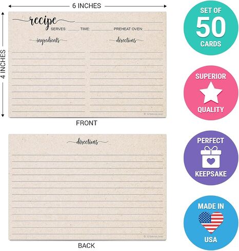 321Done Recipe Cards, Made in USA - 4x6 Tan, Simple Script, Double-Sided Thick Cardstock, Cute Vintage Rustic Kraft Look for Bridal Shower Wedding Housewarming Gift - Pack of 50 in Kuwait
