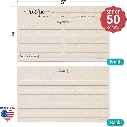 321Done Recipe Cards, Made in USA - 4x6 Tan, Simple Script, Double-Sided Thick Cardstock, Cute Vintage Rustic Kraft Look for Bridal Shower Wedding Housewarming Gift - Pack of 50 in Kuwait