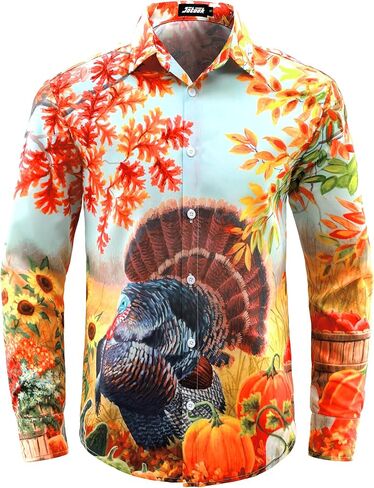 Mens Christmas Shirts Funny Turkey Thanksgiving Shirts Santa Claus Long Sleeve Button Down Shirt in Kuwait
