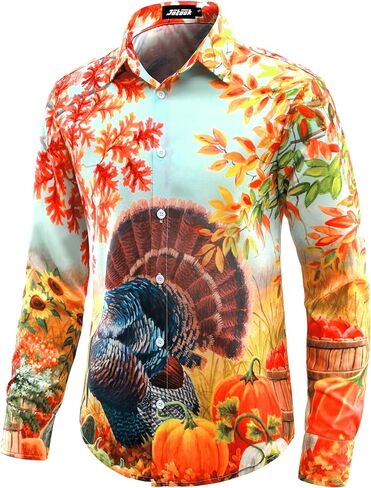 Mens Christmas Shirts Funny Turkey Thanksgiving Shirts Santa Claus Long Sleeve Button Down Shirt in Kuwait