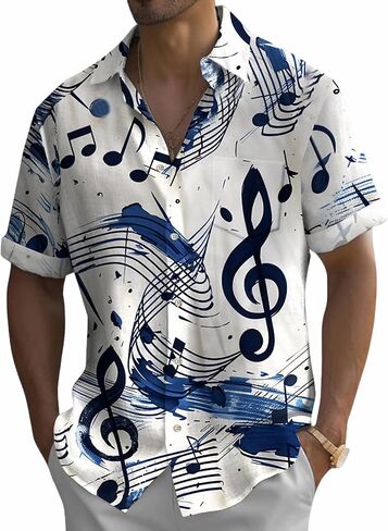 Music Shirts for Men Hawaiian Bowling Vintage Print Short Sleeve Casual Button Down Beach Big Tall Shirt in Saudi Arabia