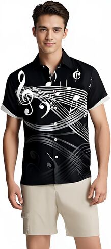 Music Shirts for Men Hawaiian Bowling Vintage Print Short Sleeve Casual Button Down Beach Big Tall Shirt in Saudi Arabia