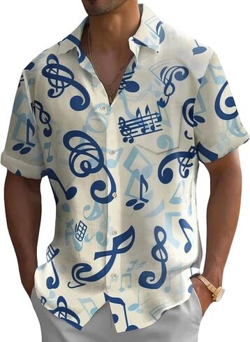 Music Shirts for Men Hawaiian Bowling Vintage Print Short Sleeve Casual Button Down Beach Big Tall Shirt in Saudi Arabia