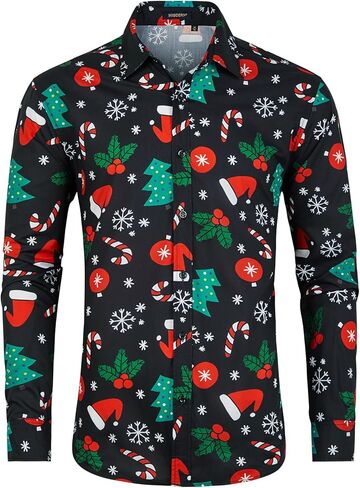 HISDERN قمصان عيد الميلاد للرجال قمصان طويلة الأكمام زر أسفل قميص عطلة مضحك عيد الميلاد قمصان حفلة سانتا كلوا in Kuwait